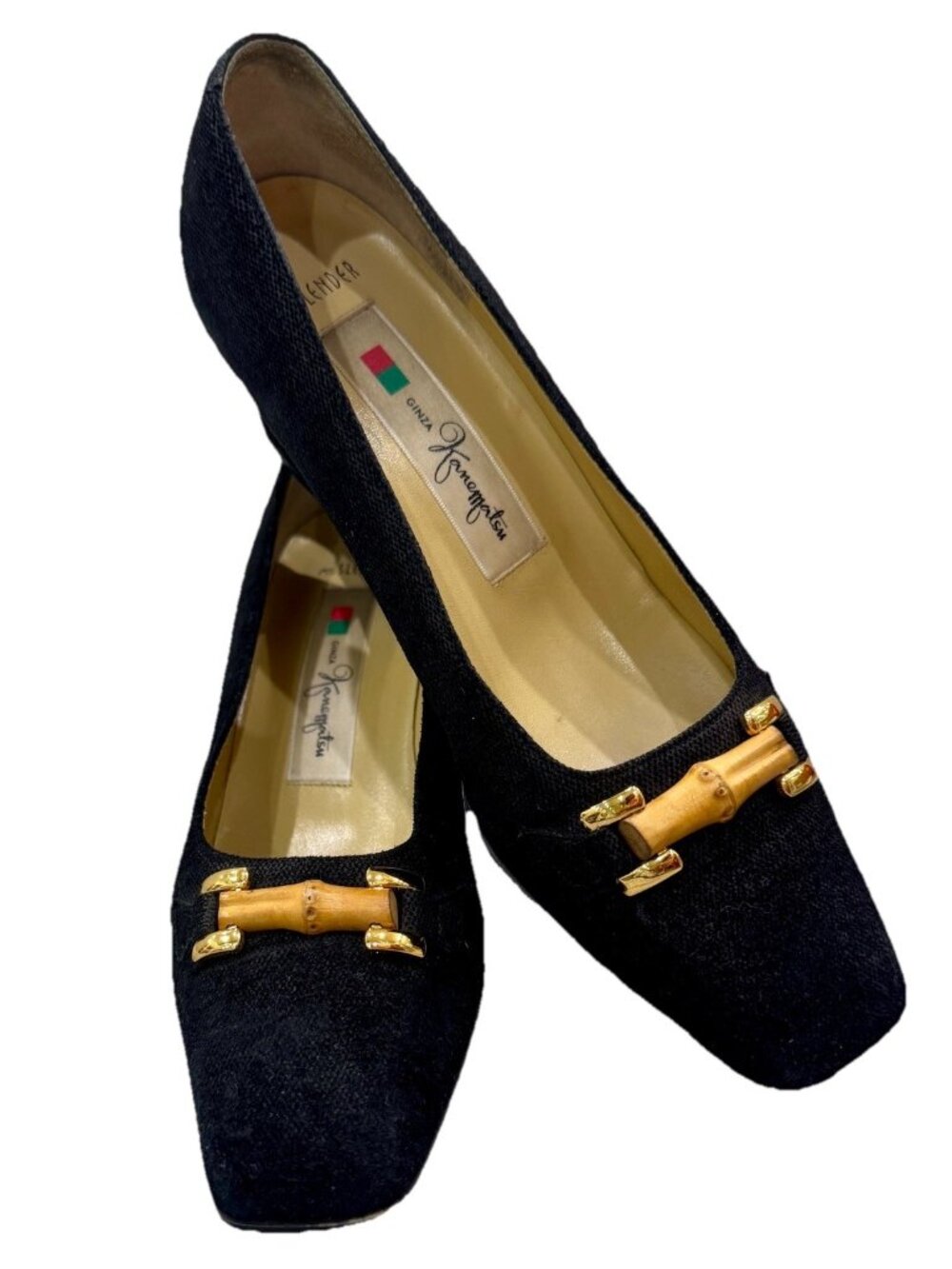 GINZA Kanematsu Miss Slender Black Fabric Bamboo Accent Pumps Japan 23 C US 6